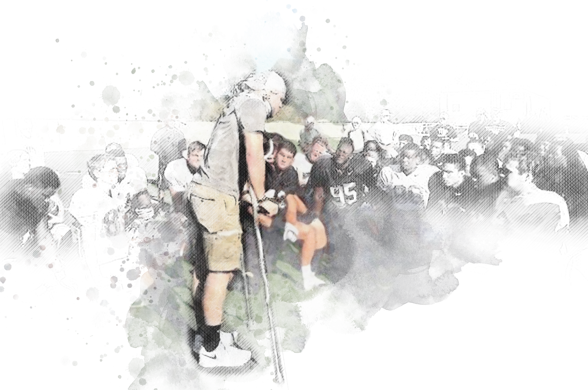 Water color image of Zach Gordon leaning on crouches on the field with his teammates