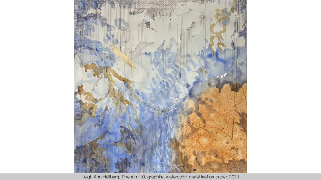 watercolor with orange organic shape in bottom right corner, blue and cream and gold leaf filling the rest of the square space