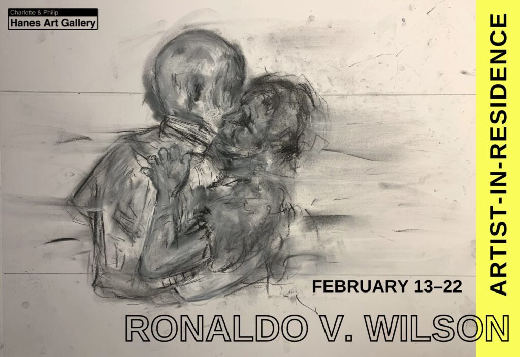 Ronaldo V Wilson, Artist-in-Residence, February 13-22, image of two drawn figures in an embrace from the waist up