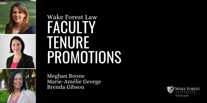 Graphic that reads "Wake Forest Law Faculty Tenure Promotions: Meghan Boone, Marie-Amélie George, and Brenda".