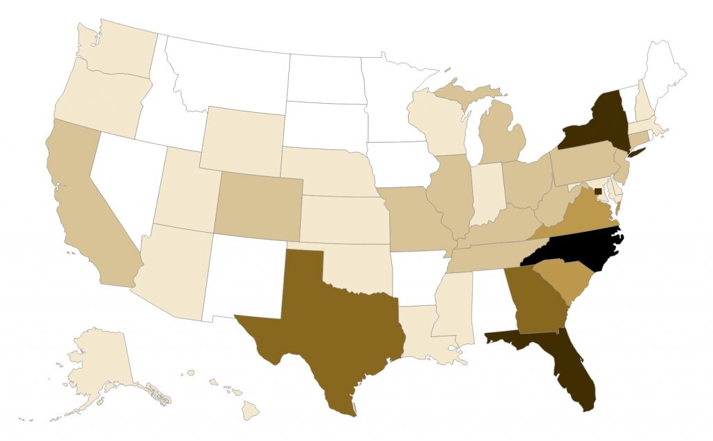 Map of the USA with 37 states in different shades of brown. A darker shade represents more graduates employed. North Carolina, New York, Washington DC, and Florida have the darkest shades.