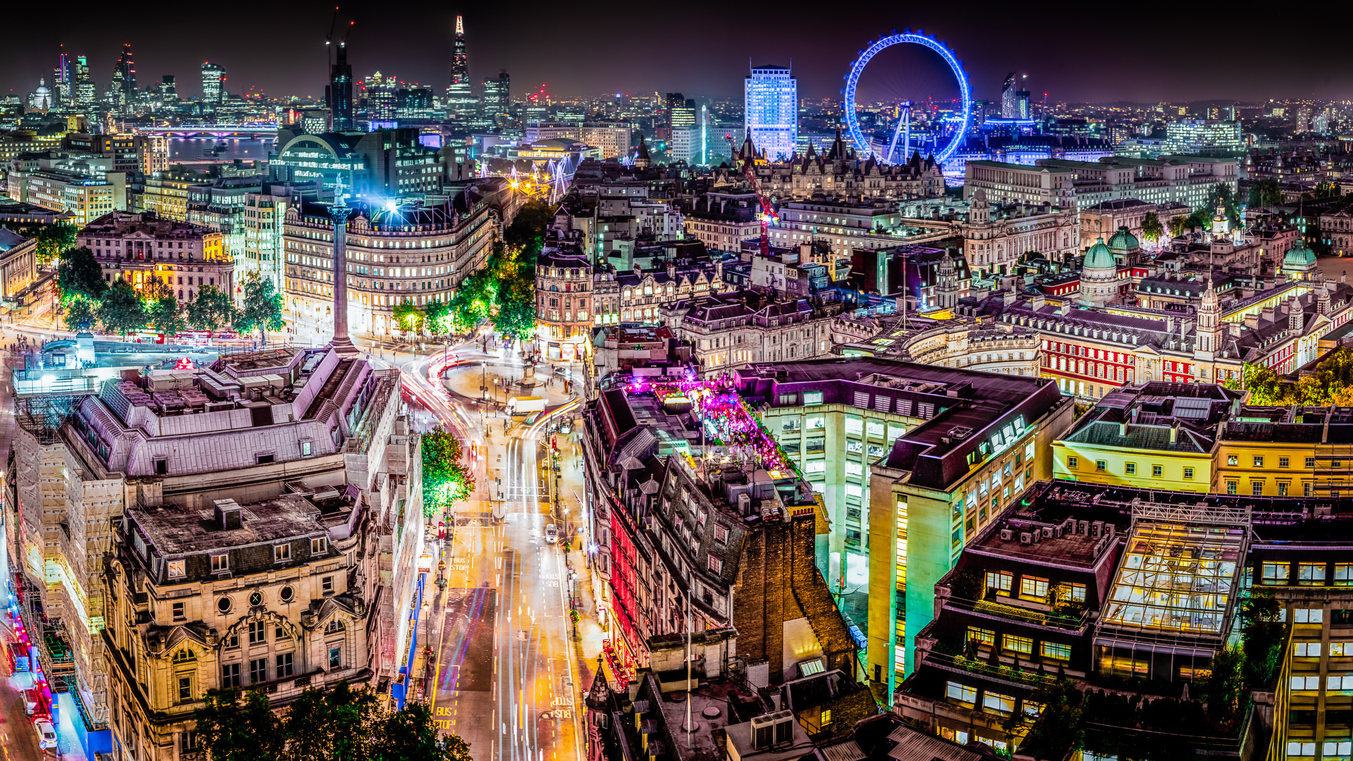 An aerial view of London, England during nighttime.