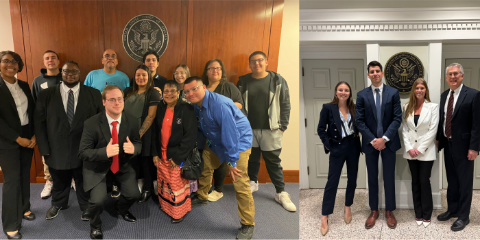 Two pictures side-by-side; first picture is a group of law students with the family of a defendant and second photo is three law students with Professor John Korzen. Students argued in federal circuits.