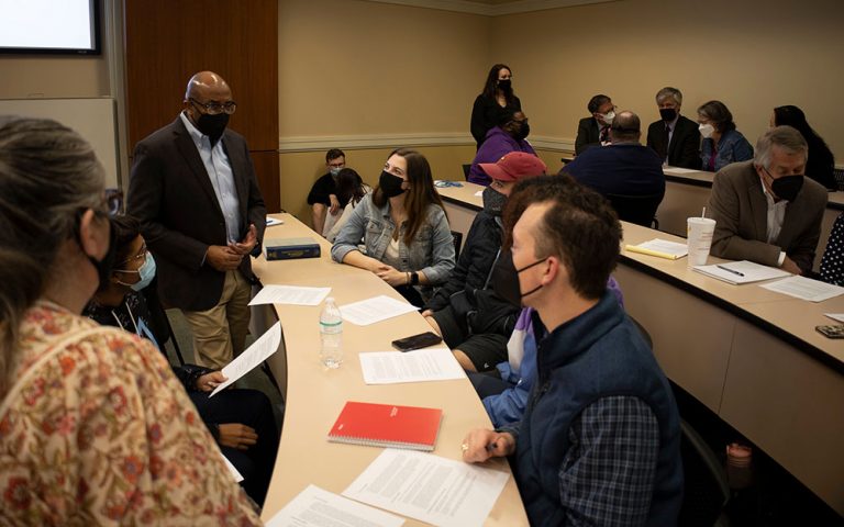 Wake Forest faculty speaking to students.