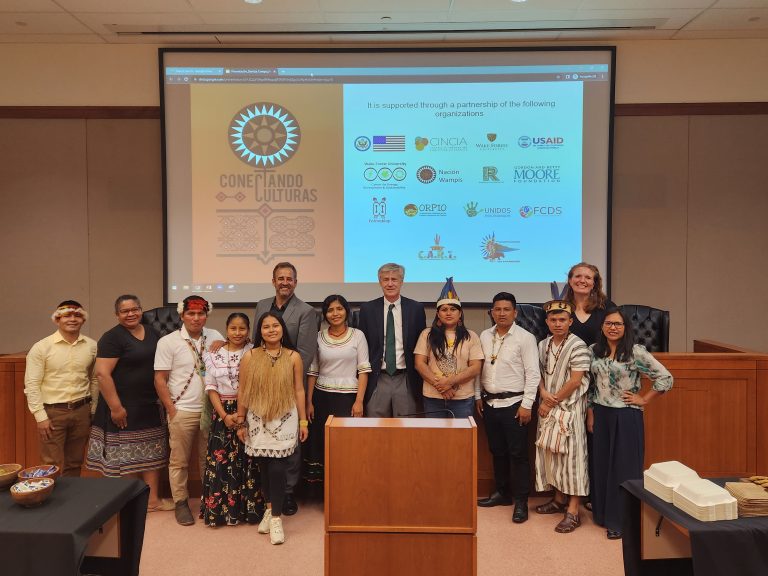 Indigenous Leaders from Peruvian Amazon posing for a picture with Wake Forest Law representatives.