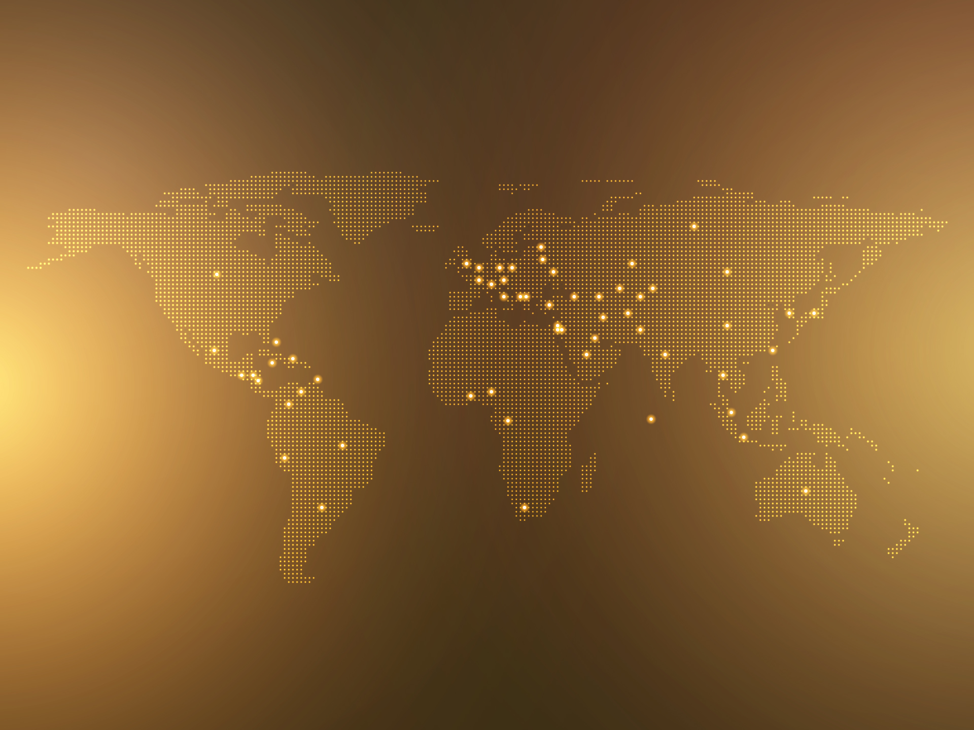 Map of world with 57 small dots in different locations.