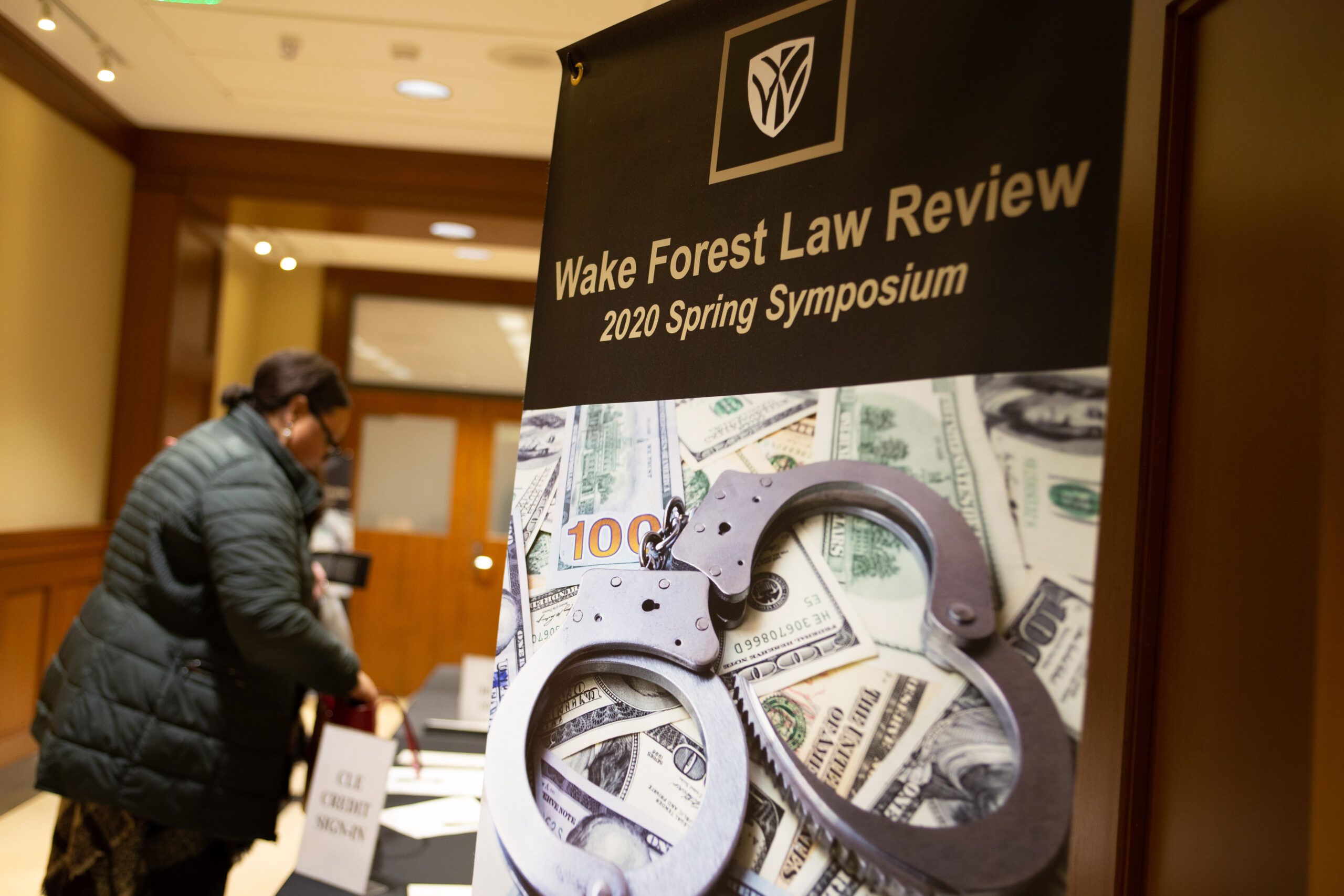 A sign that reads "Wake Forest Law Review 20202 Spring Symposium".