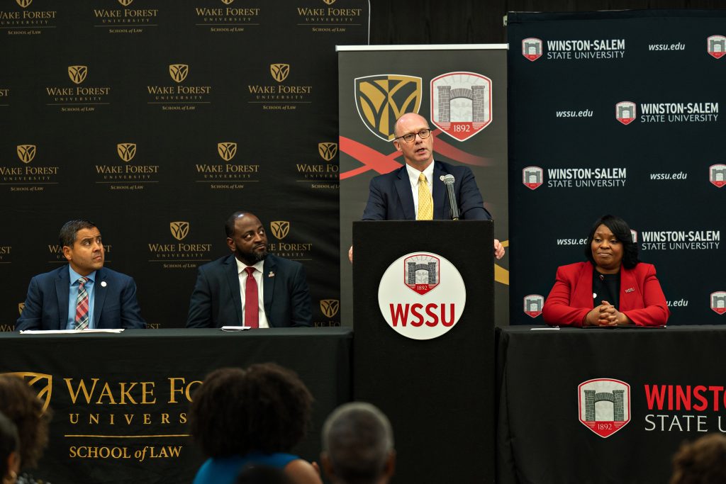 Wake Forest Law Dean Andy Klein speaks at the podium