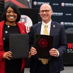 WSSU Chancellor Bonita Brown and Wake Forest Law Dean Andy Klein pose with the signed MOU.