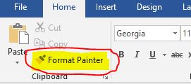 Screen capture of the format painter bar on the home menu of Microsoft Word