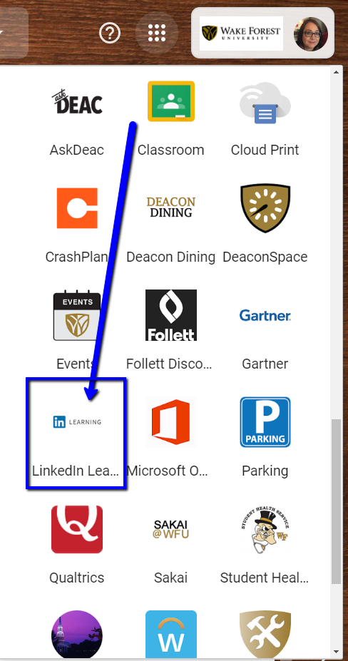 Google App Launcher with arrow pointing at LinkedIn Learning icon