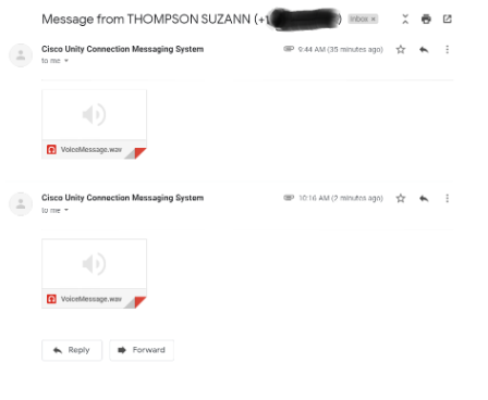screenshot of 2 voicemail emails combined into 1 thread