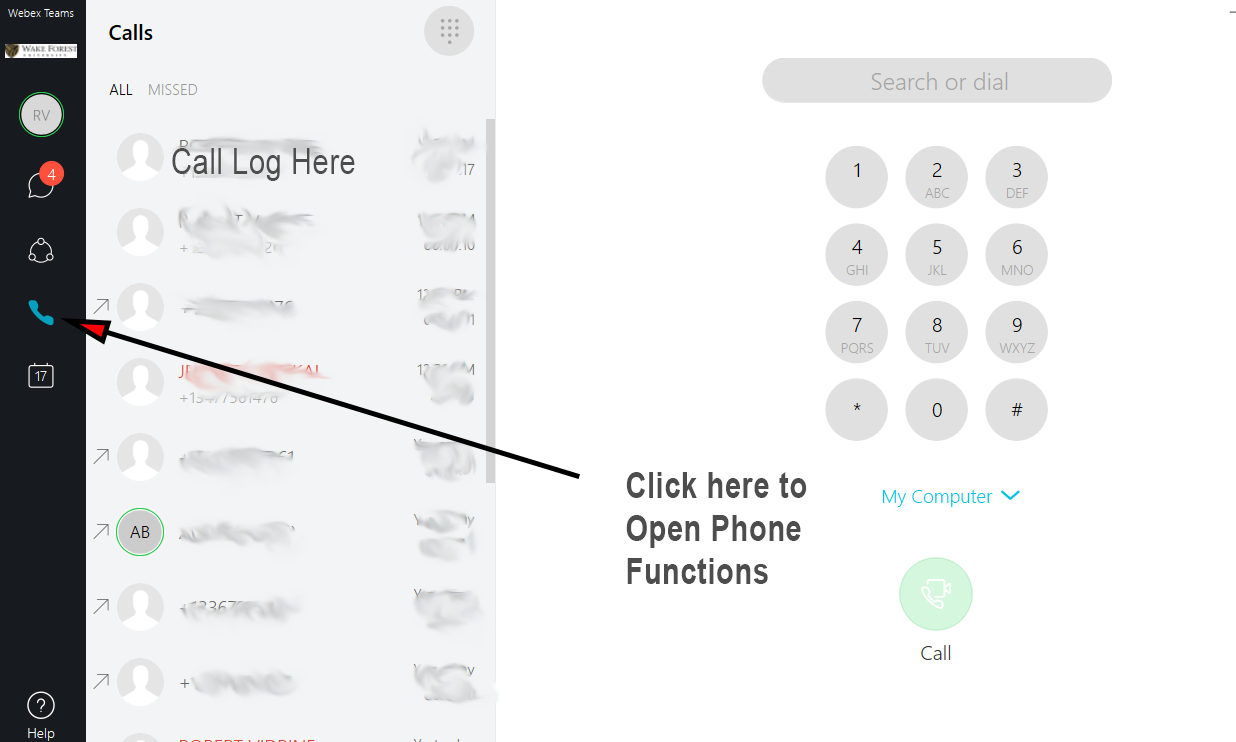 Webex Teams screen with call log and dialer button indicated