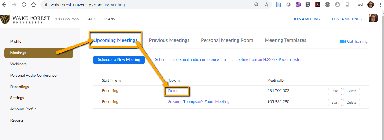 Zoom screenshot showing arrow pointing to a Demo meeting link