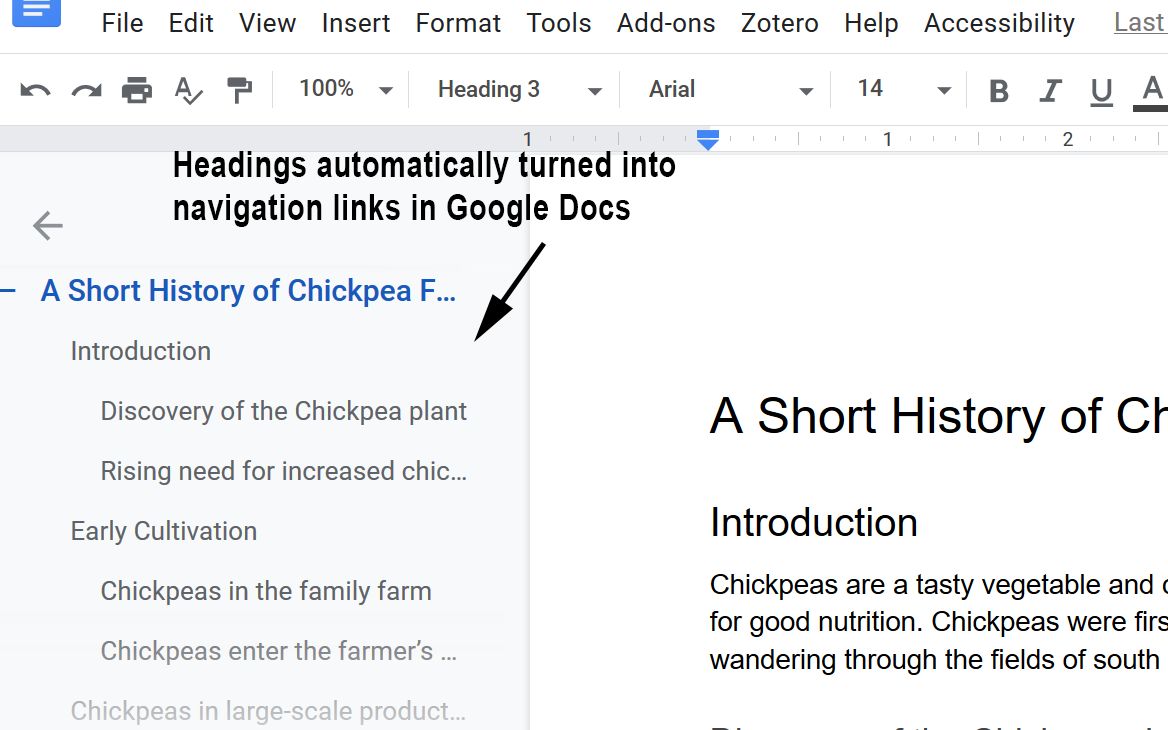 Google Doc with automatic navigation links created from headings labeled.