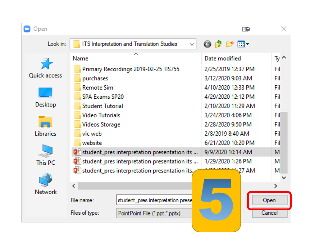 File Dialog Box showing where to click open while sharing a powerpoint slide show.