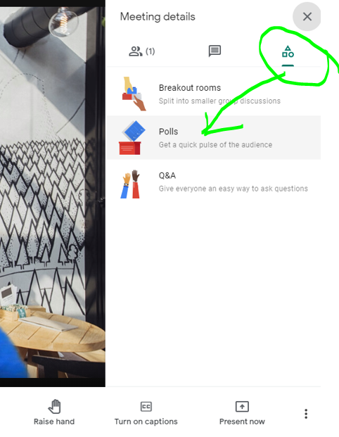 Google Meet activities button circled, arrow pointing to Polls