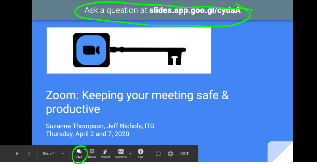 Google slides presenter view with Q and A button circled at bottom, URL circled at top