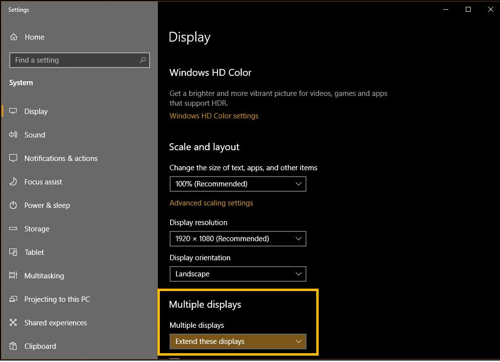 screen grab of Windows Display Settings