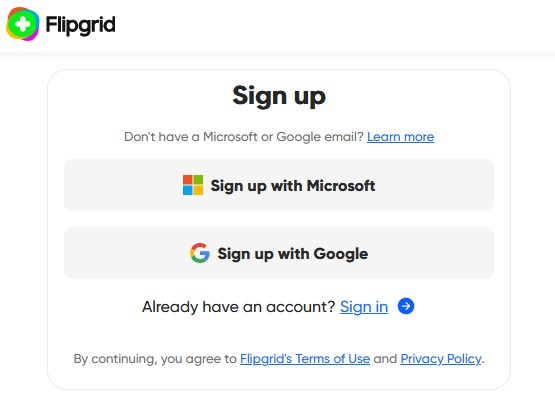 Flipgrid signup page, click Sign up with Google