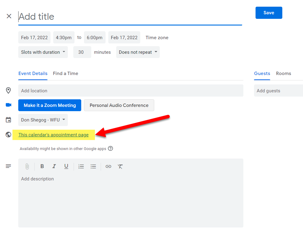 Google Forms with This calendars appointment page highlighted and arrow pointing