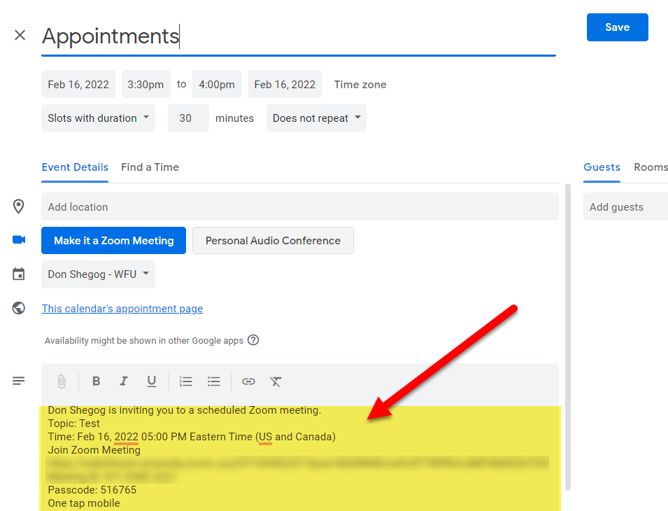 Google Calendar Appointments Description Area