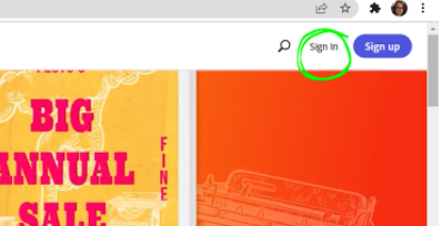 Adobe Creative Cloud webpage showing "Sign In" circled at top right