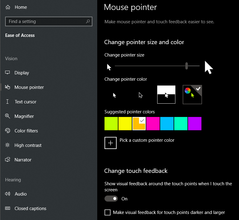 mouse pointer settings page