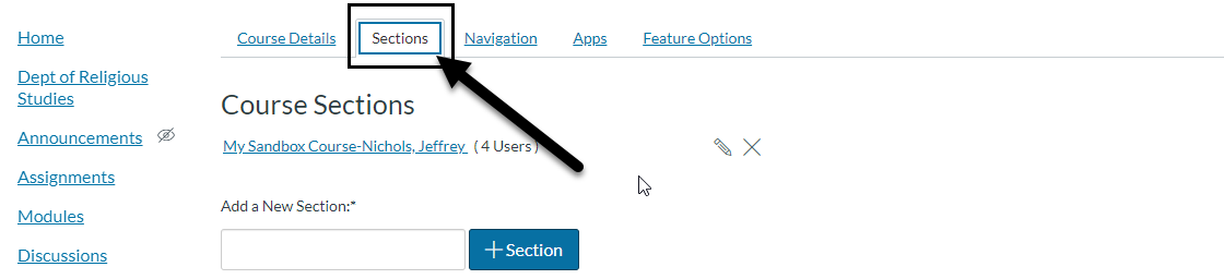 Arrow pointing to the Sections link located in the Course Settings of the course.