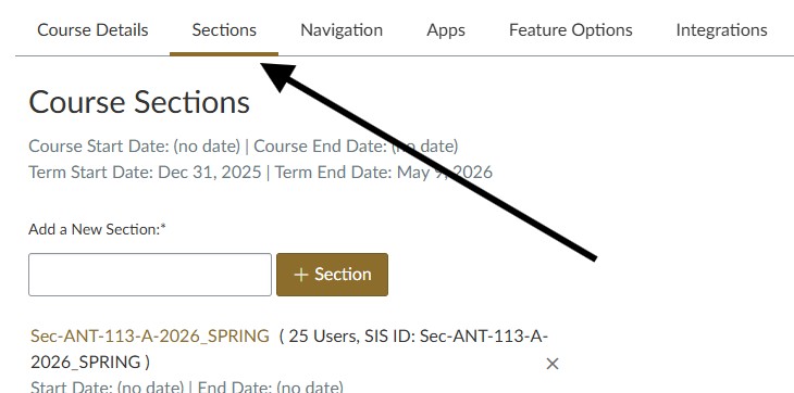 Screenshot of menu with an arrow pointing to clicking the sections link