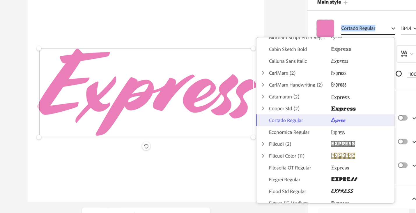 Adobe Express interface showing many font choices