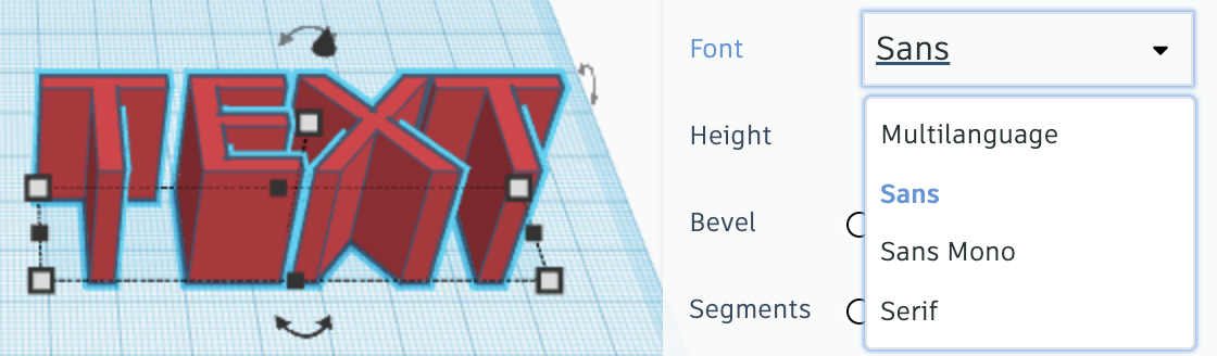 Tinkercad interface showing only 4 fonts