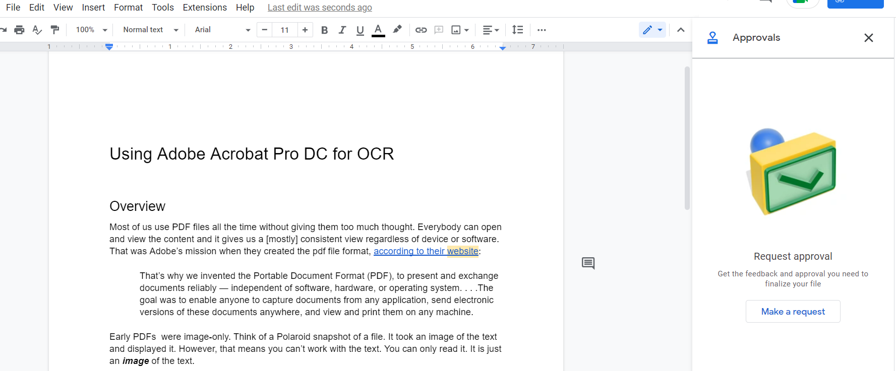 Screenshot of a google document with the new Approvals sidebar open