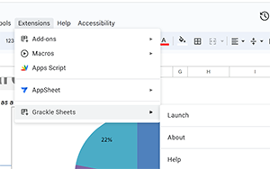 Extensions menu expanded in Google Sheets, showing the Grackle sub-menu with the Launch option at the top.