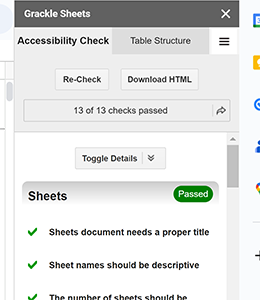 Grackle Docs sidebar shown after completing a scan, showing part of the list of items it found to correct, with buttons to export to HTML, re-scan or display the underlying structure of tables in the spreadsheet.