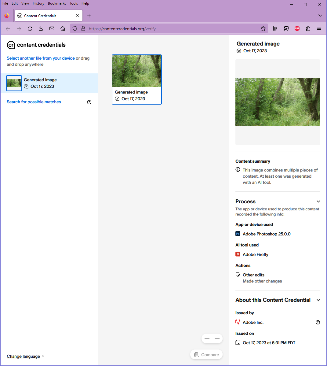 content credentials verify website, example of image generated by Adobe Photoshop 25.0.0 with Adobe Firefly