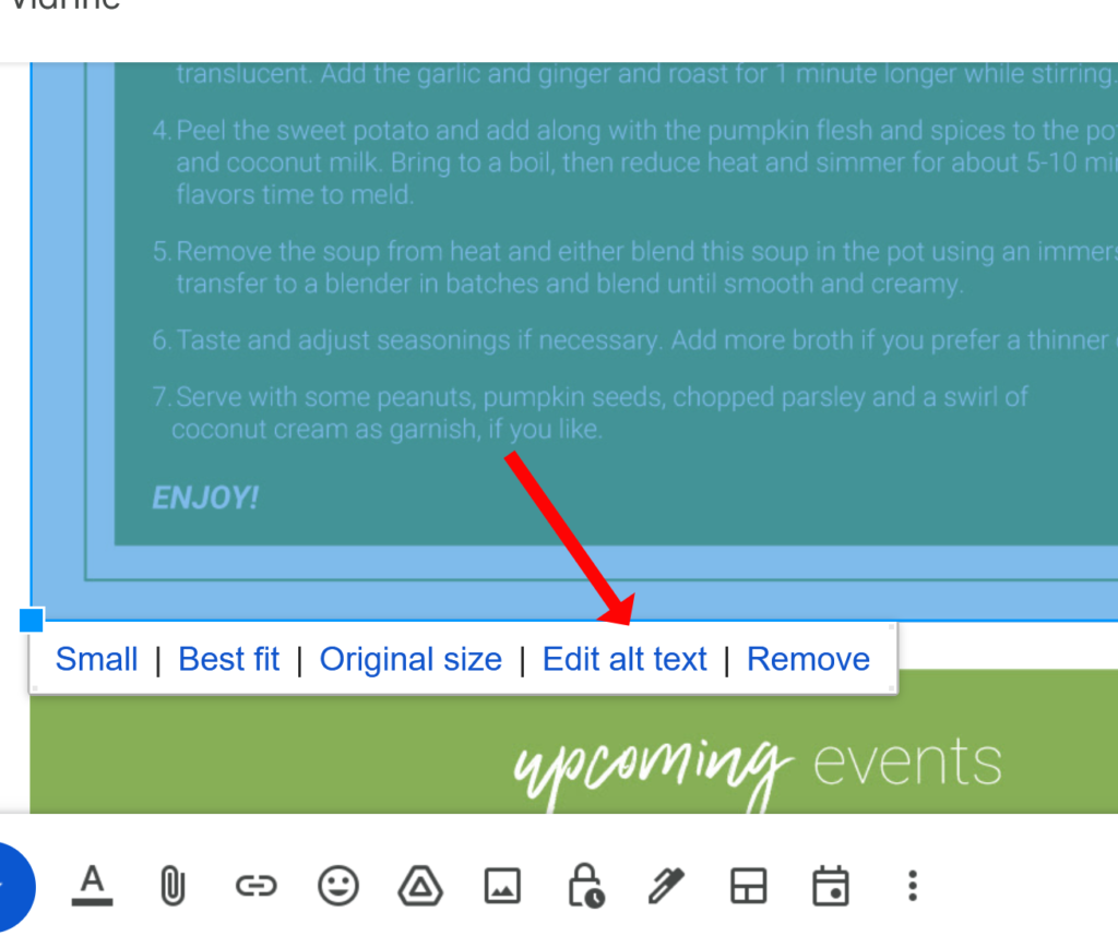 The Gmail compose window with an image highlighted and the "Edit alt text" link labeled with an arrow.