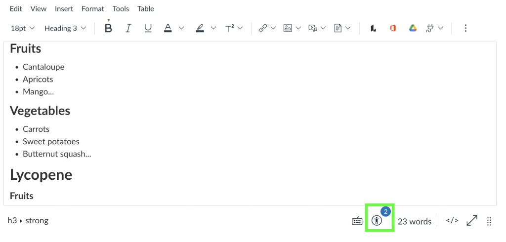 Screenshot of Canvas Rich Content Editor with the Accessibility Checker highlighted