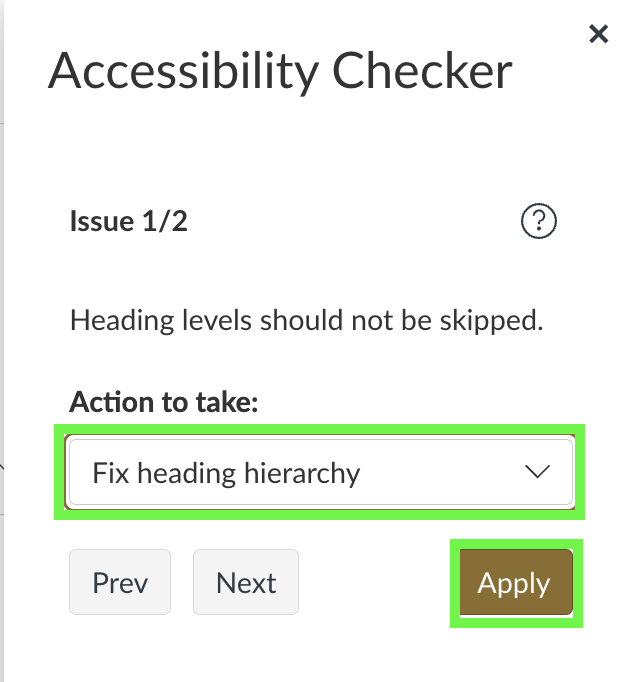 Screenshot of the Accessibility Checker with the suggestion and the Apply button highlighted