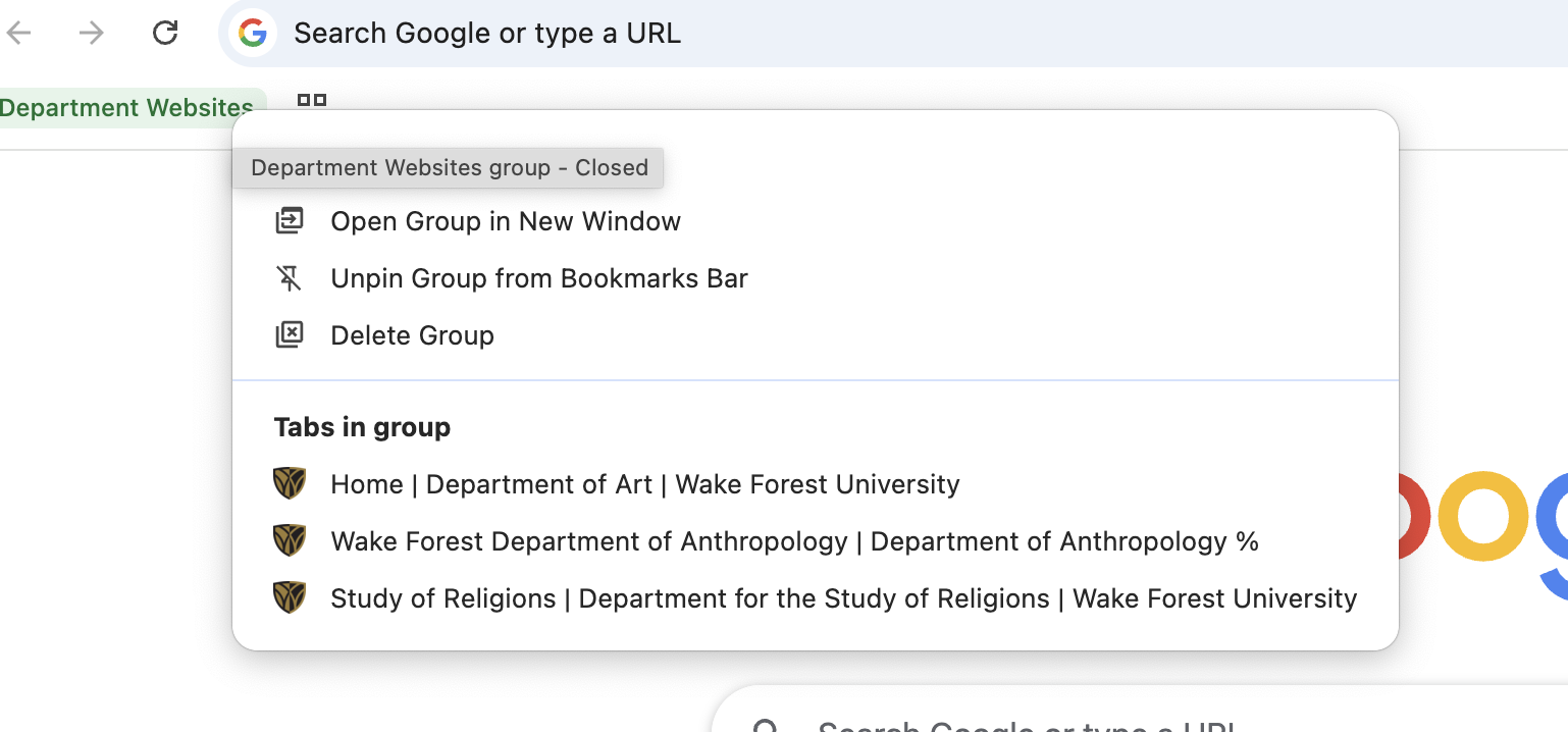 Option menu for the tab group for unpinning group from bookmarks bar.