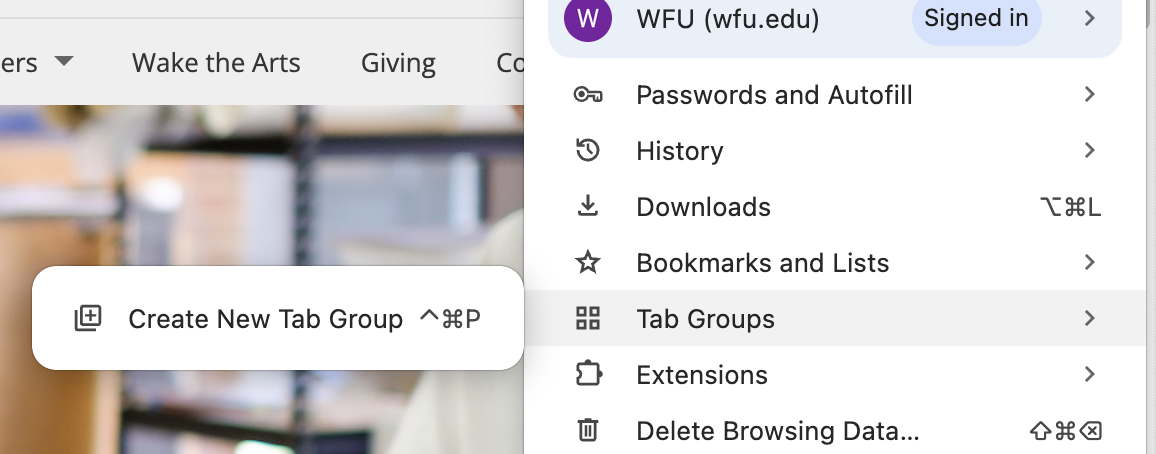 Chrome Settings highlighting the Tab Groups menu item
