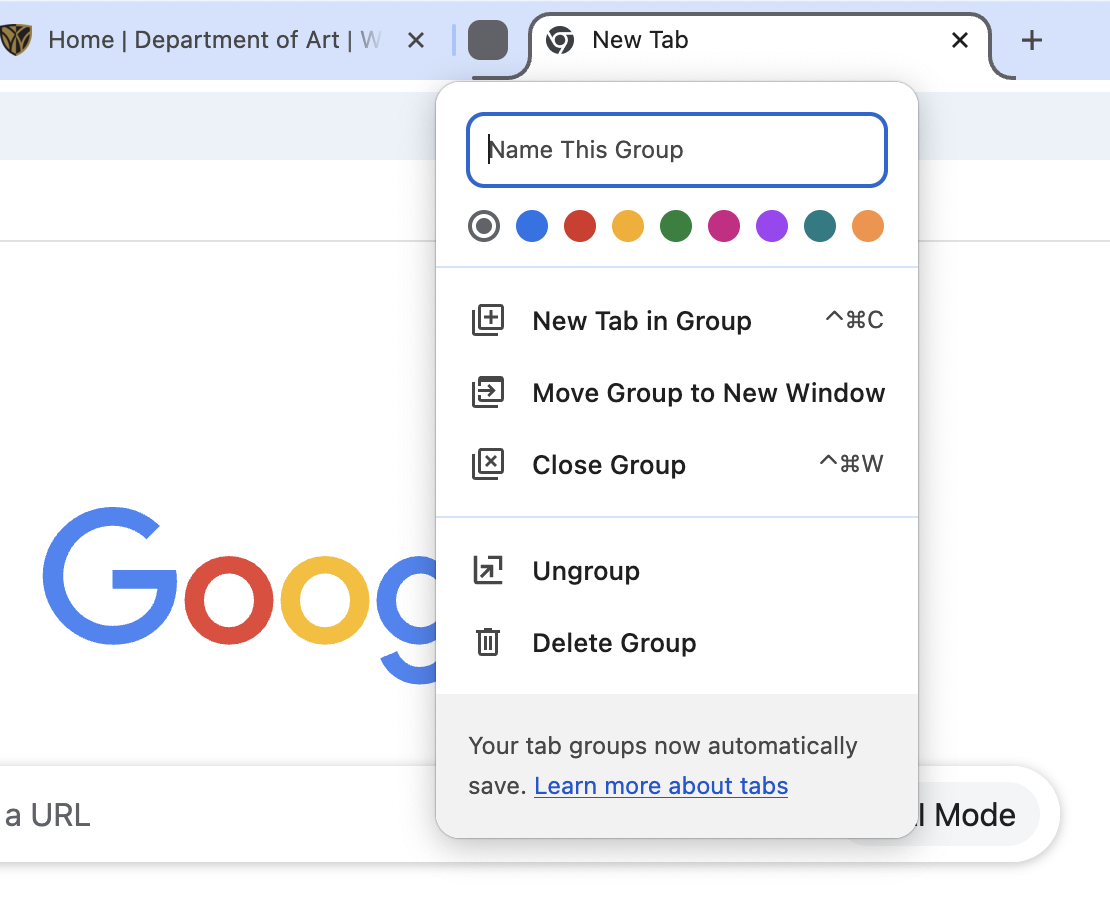 Tab Groups Menu showing the options of naming and color coding the new group