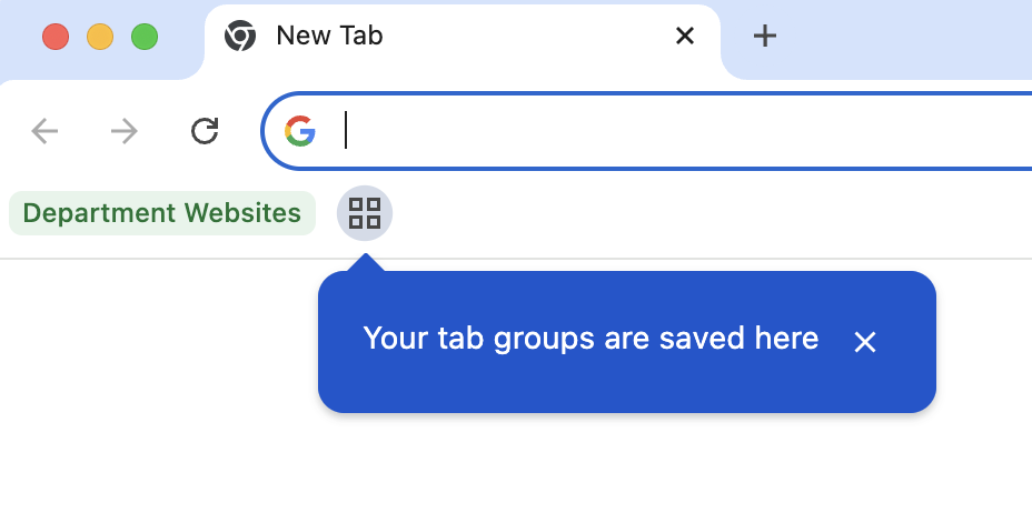 Newly created tab group shown on the left hand side of the bookmark bar