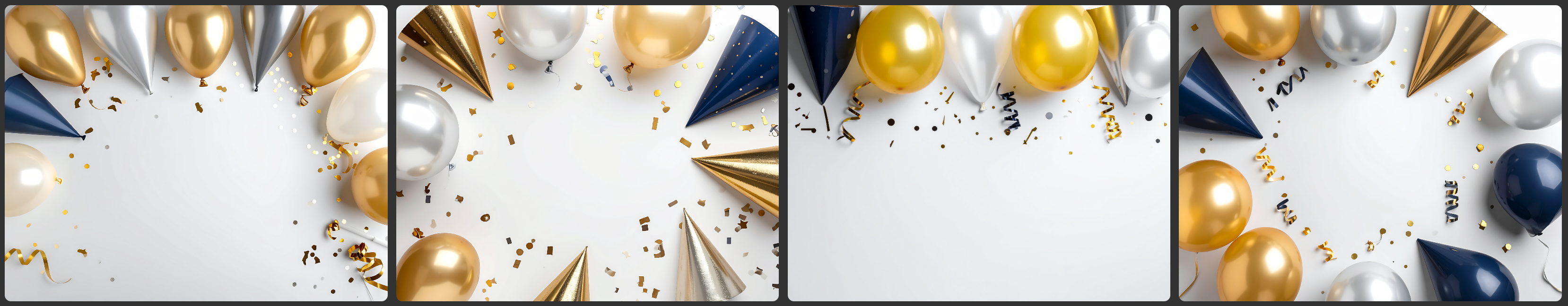 Adobe Firefly showing 4 generated images of hats and balloons with far more white space than the previous couple similar images.