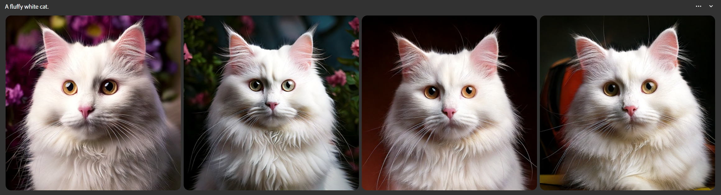 Adobe Firefly showing 4 generated white cats.