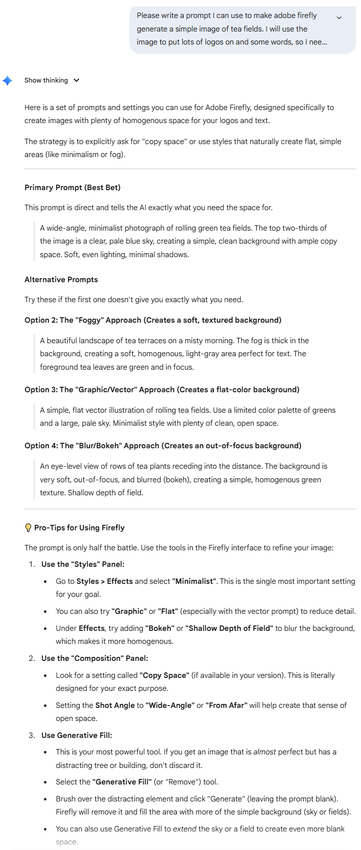 Google Gemini showing prompt asking for an adobe firefly prompt about tea fields. That is followed by a very long output with multiple example prompts and explanations of how to tune Adobe Firefly's settings.