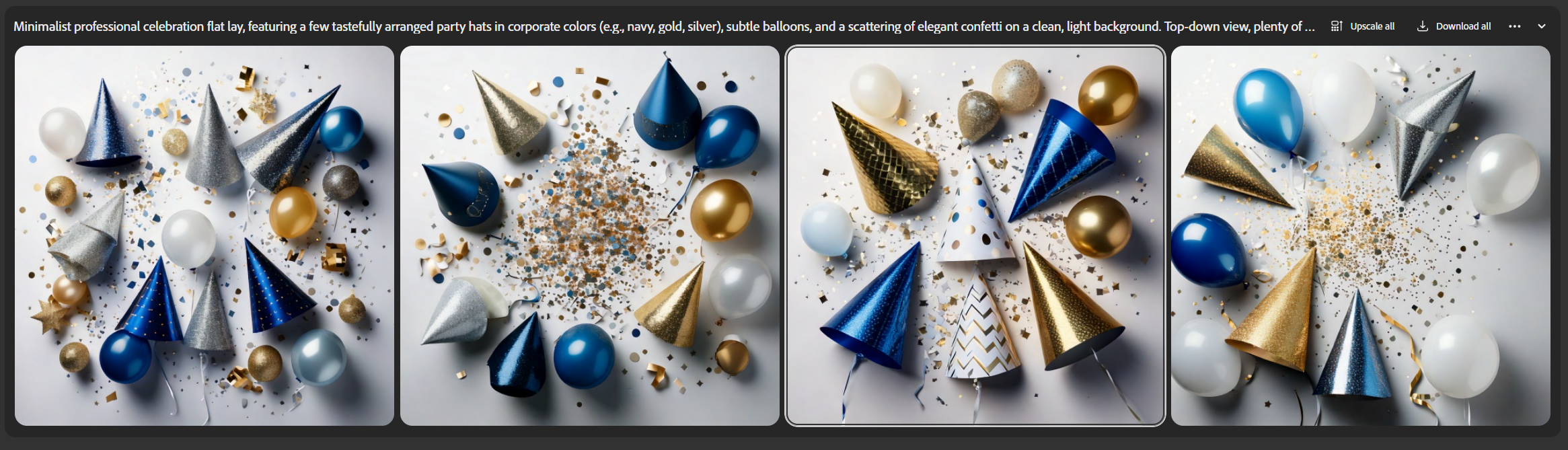 Adobe Firefly showing 4 images of hats and balloons on white backgrounds