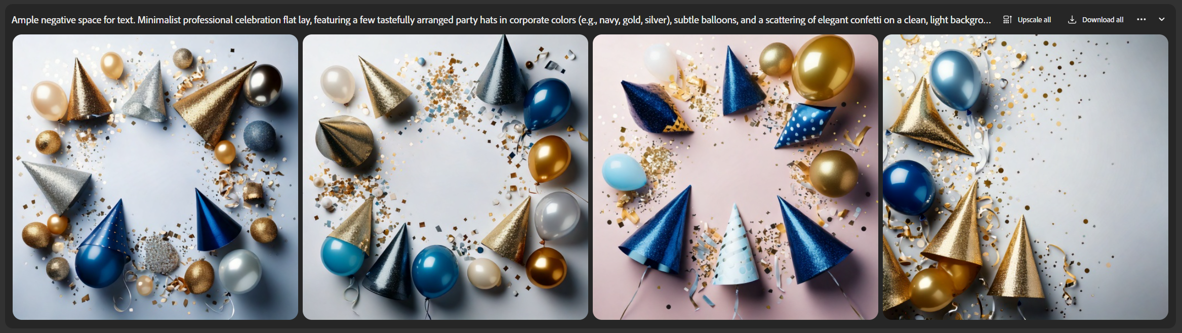 Adobe Firefly showing 4 images of hats and balloons on white backgrounds with more empty space than the previous image