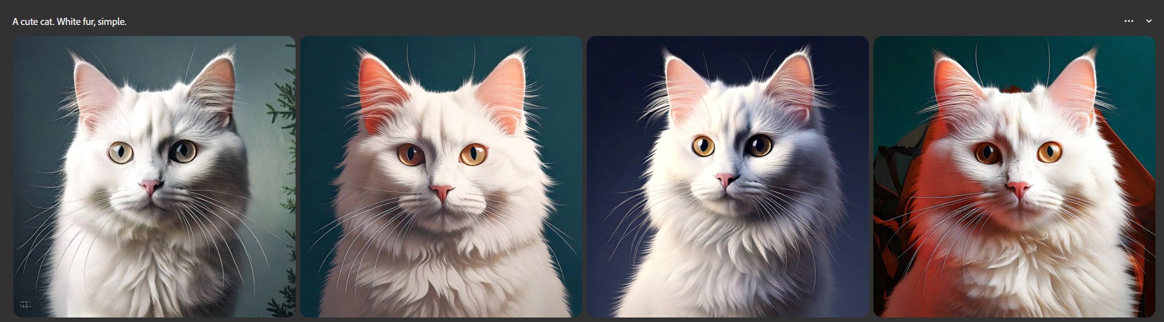 Adobe Firefly showing 4 generated cats with the fourth having a slightly red glow.