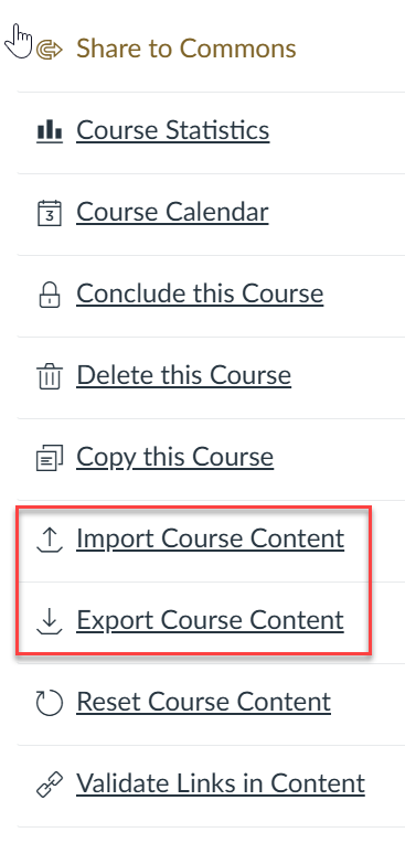 screen grab of the menu that includes the "Import Course Content" and "Export Course Content" links